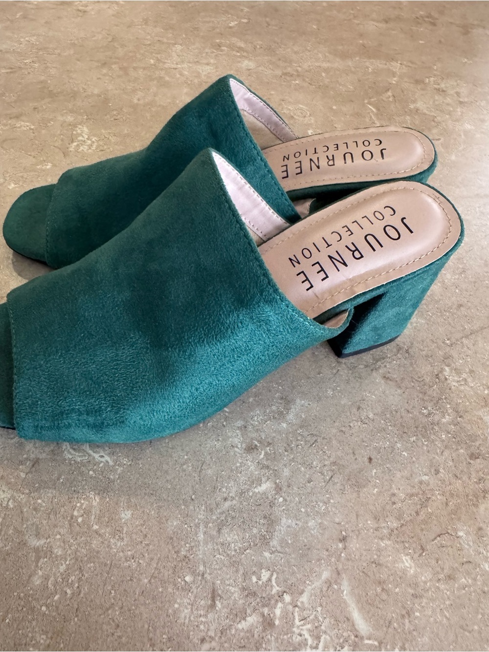 Journee Collection Teal Suede Open-Toe Block Heel Mules